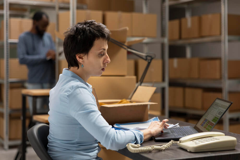 pessoa à mesa do escritório dentro do armazém de logistica, com armários e diversas caixas ao entorno